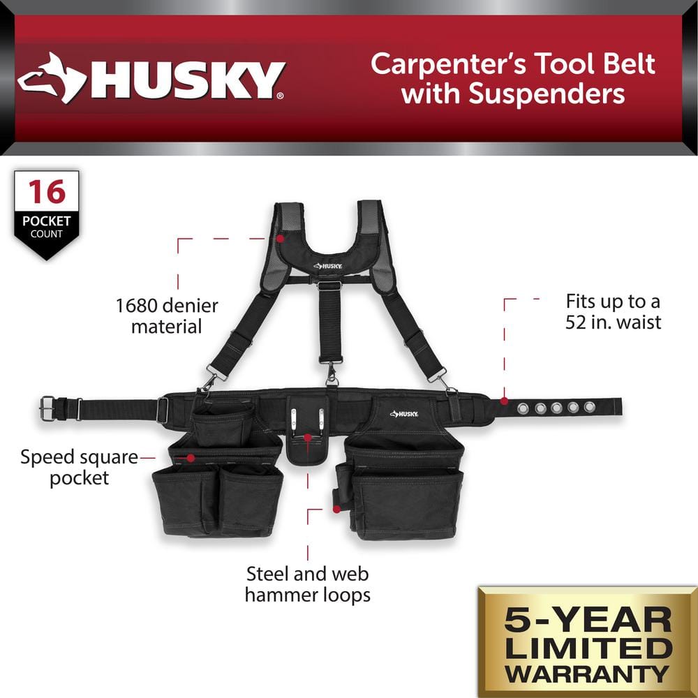 16-Pocket Black Carpenter’s Tool Belt with Suspenders - Hercitys
