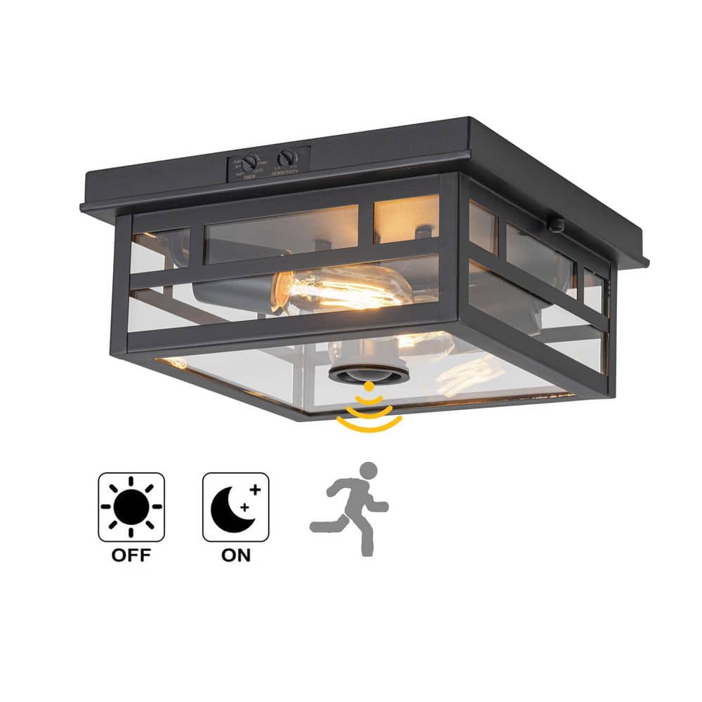 10.5 in. 2-Light Black Motion Sensing Non-Dimmable Outdoor No Bulb Included Flush Mount Ceiling Light (1-Pack) - Hercitys