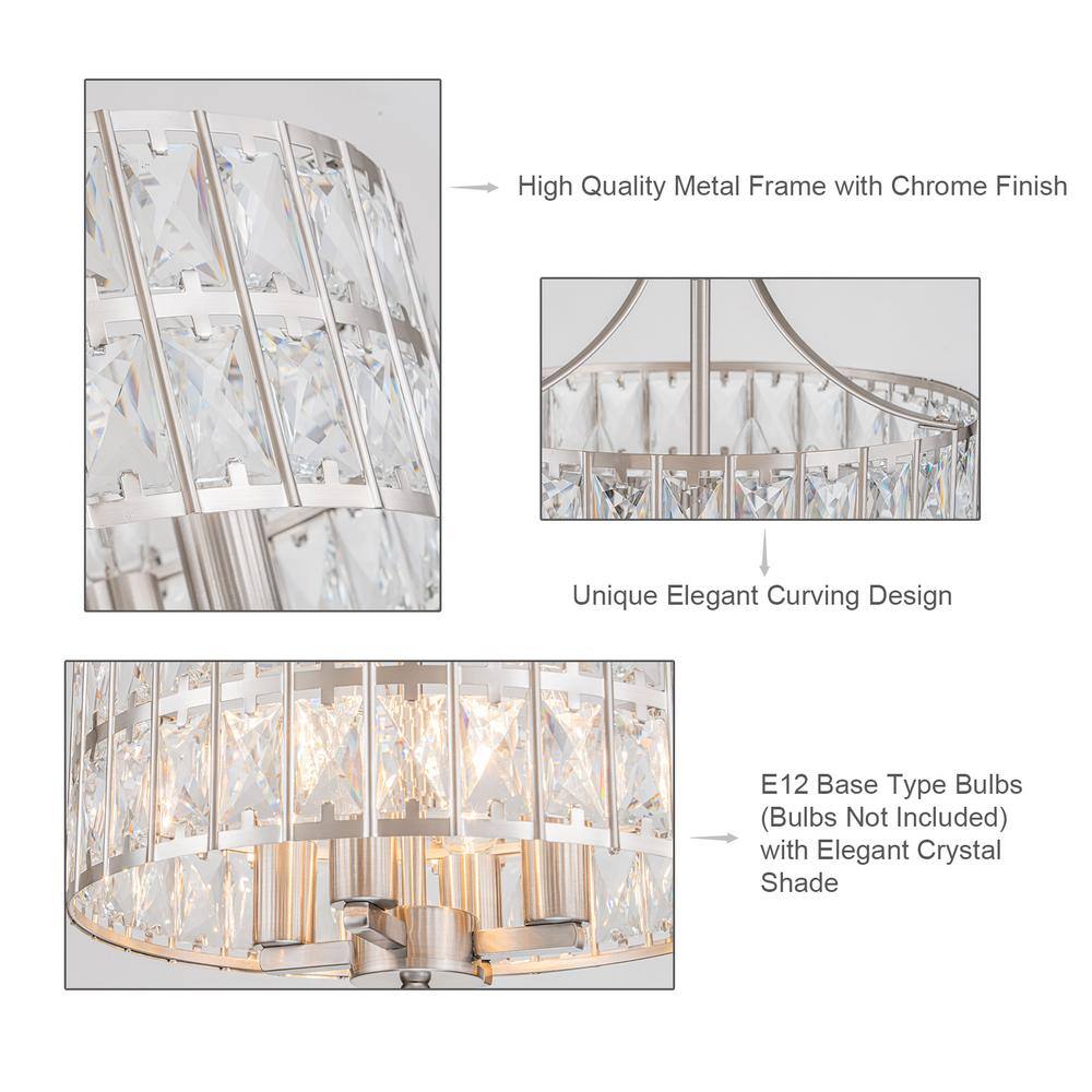 12.6 in. 4-Light Round Nickel Drum Semi Flush Mount Ceiling Light with Clear Crystal Glass with No Bulbs Included - Hercitys