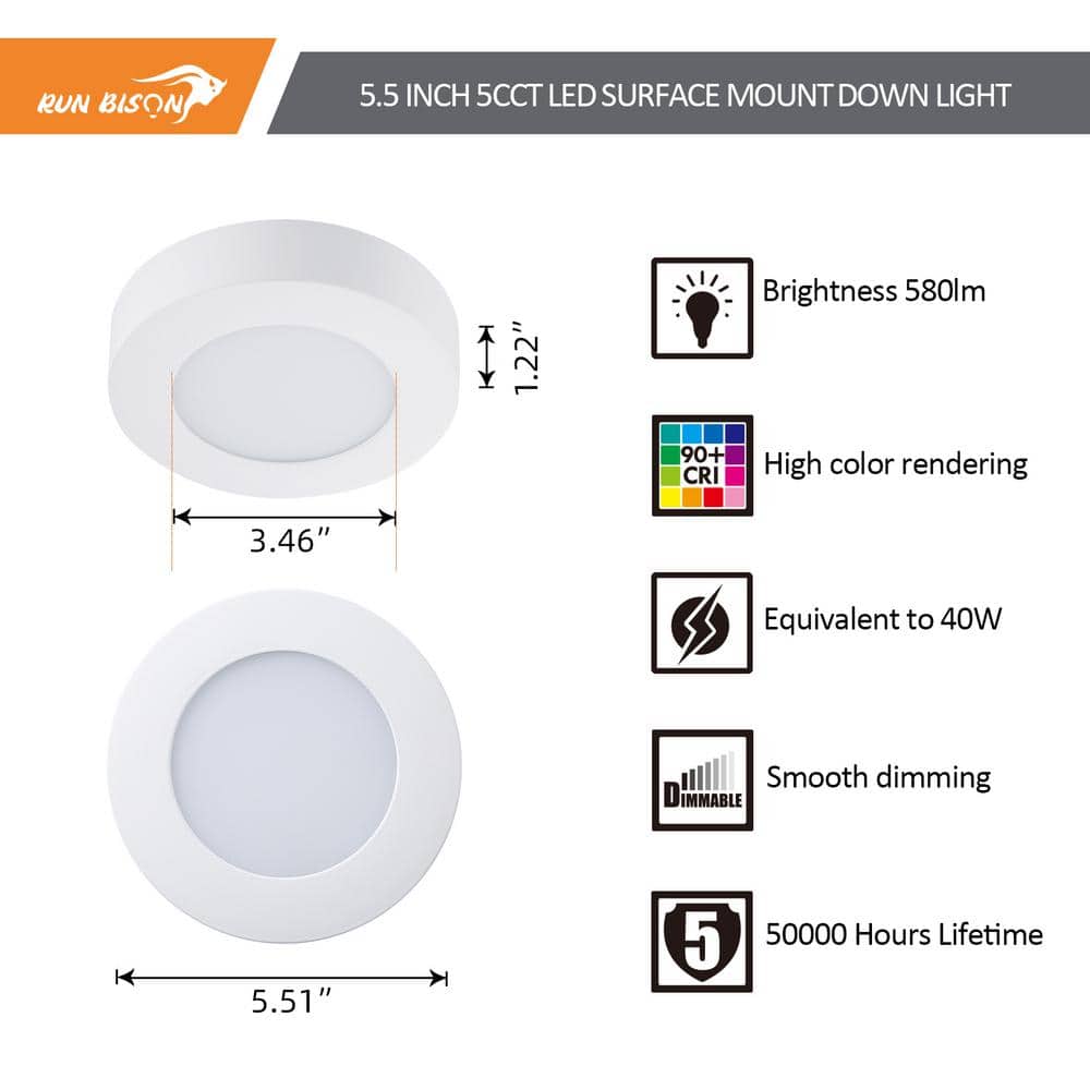 5.5 in. Round Color White Selectable Integrated LED Flush Mount Downlight - Hercitys