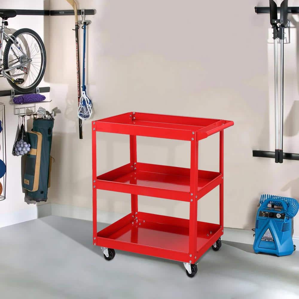 3-Tier Steel 4-Wheeled Shelves Storage Utility Cart in Red, 450 lbs. Capacity - Hercitys