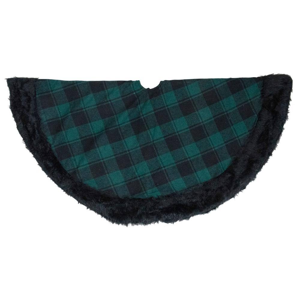 48 in. Green and Black Plaid Christmas Tree Skirt with Faux Fur - Hercitys