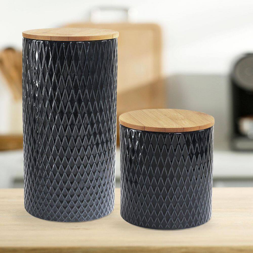 4-Piece Diamond Embossed Stoneware Canister Set with Lids, Navy - Hercitys