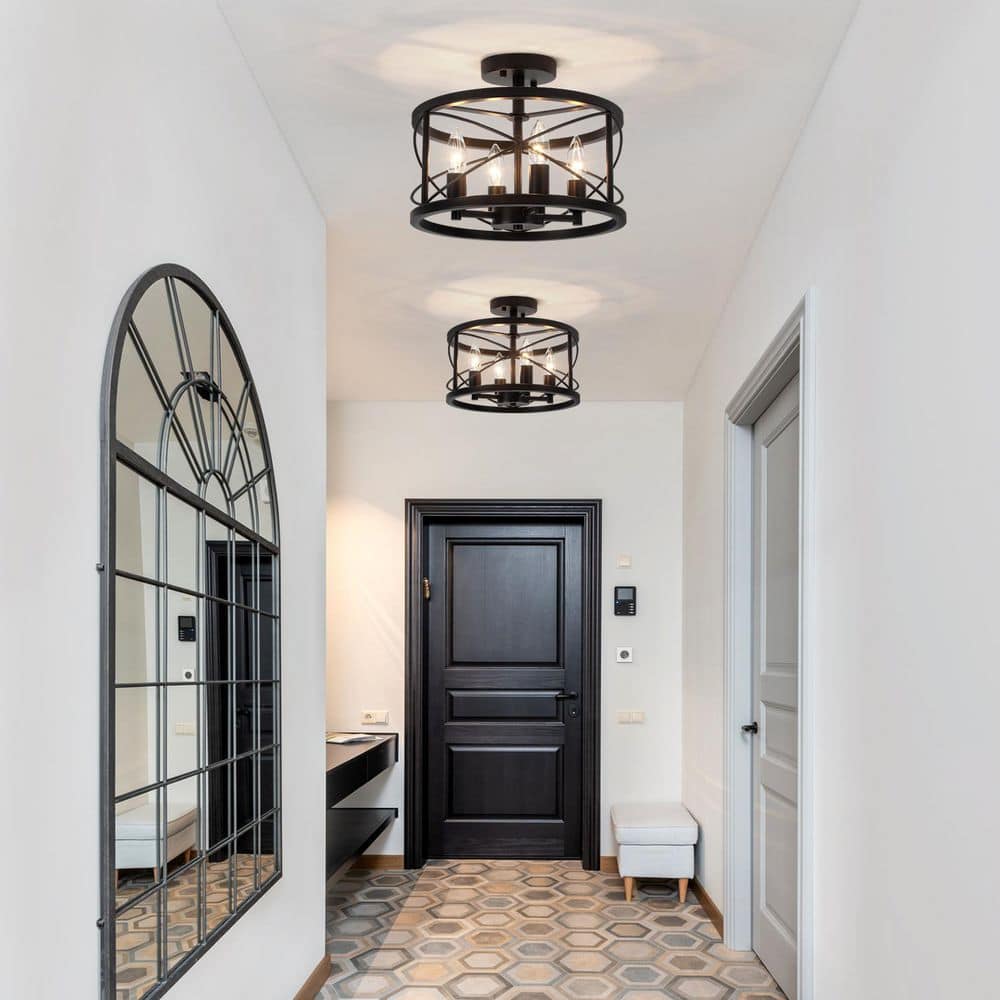 13 in. 4-Light Black Drum Semi Flush Mount Ceiling Light with No Bulbs Included - Hercitys