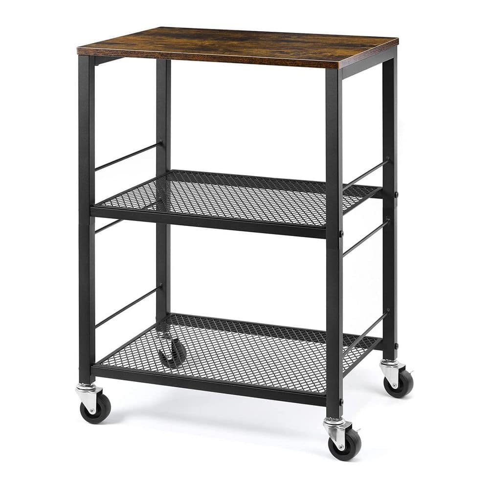 3-Tier Rolling Cart, Brown Kitchen Microwave Cart with Wheels and Storage, Utility Cart for Kitchen - Hercitys