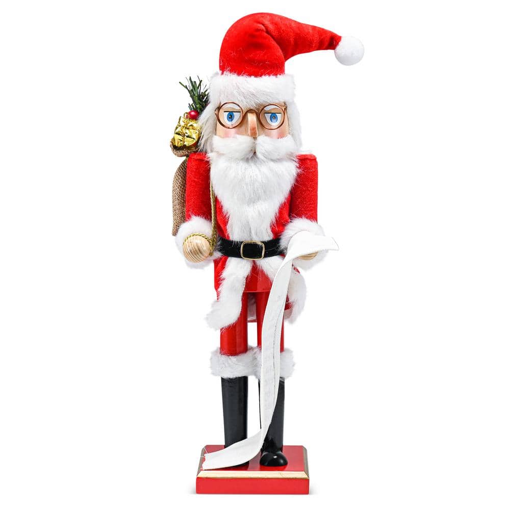 14 in. Wooden Christmas Santa Nutcracker Santa in Traditional Attire w/ a Bag of Gifts On His Shoulder and List of Names - Hercitys
