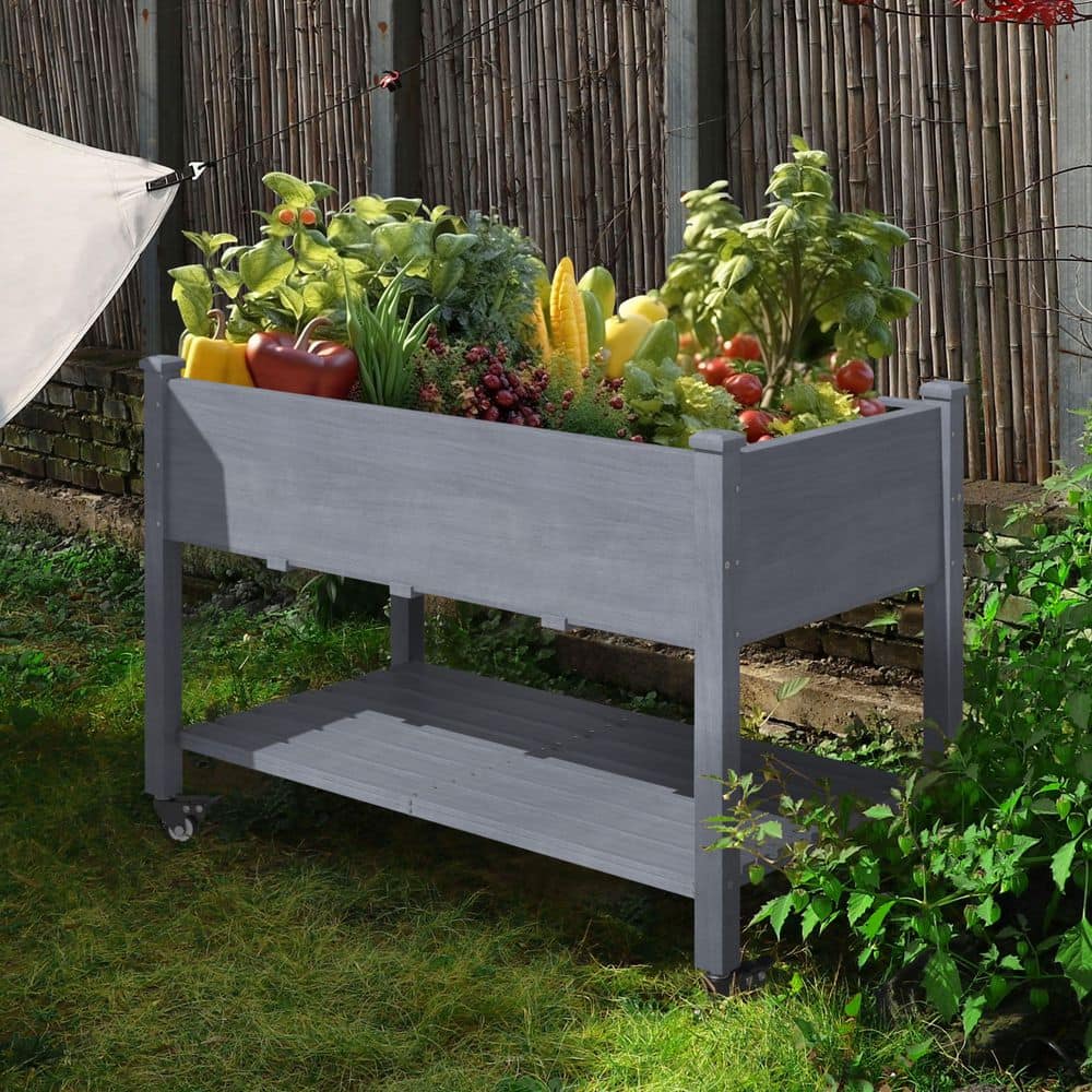 47 in. L x 23 in. W x 33 in. H Cedar Wood Raised Garden Bed with 4 Swivel Wheels and Liner, Gray - Hercitys