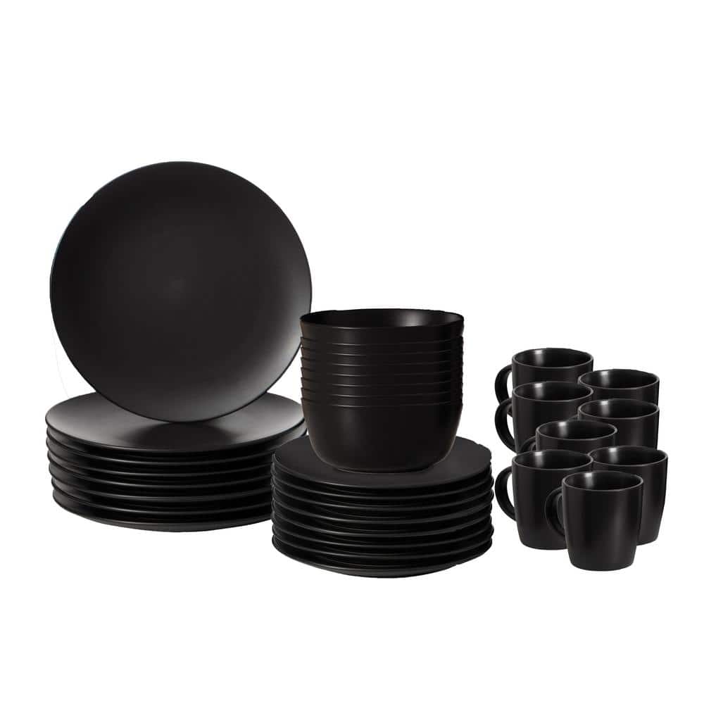 32-Piece Ceramic Dinnerware Set for 8-Person, Mugs, Salad, Dinner Plates, Bowls Sets, Dishwasher Microwave Safe, Black - Hercitys