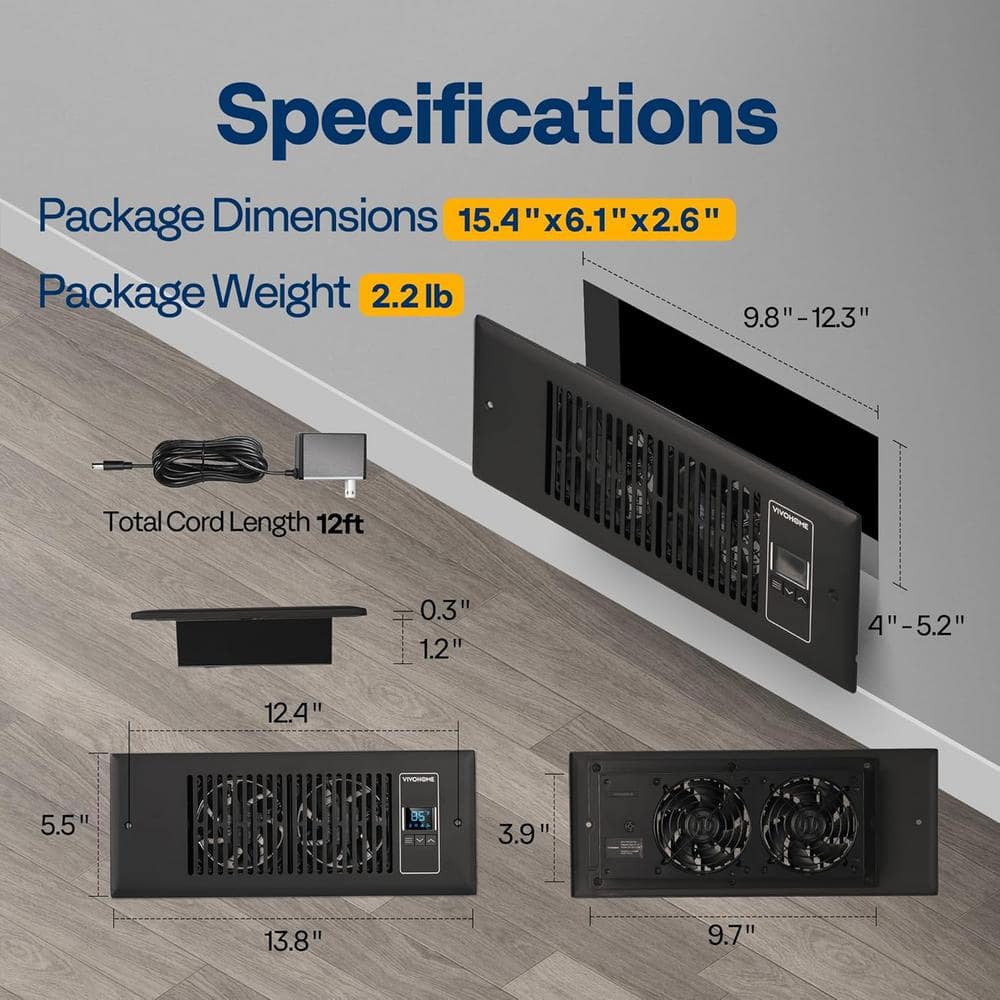 4 in. x 12 in. 120 CFM Wall Mounted Quiet Smart Register Booster Fan with Thermostat Control in Black - Hercitys