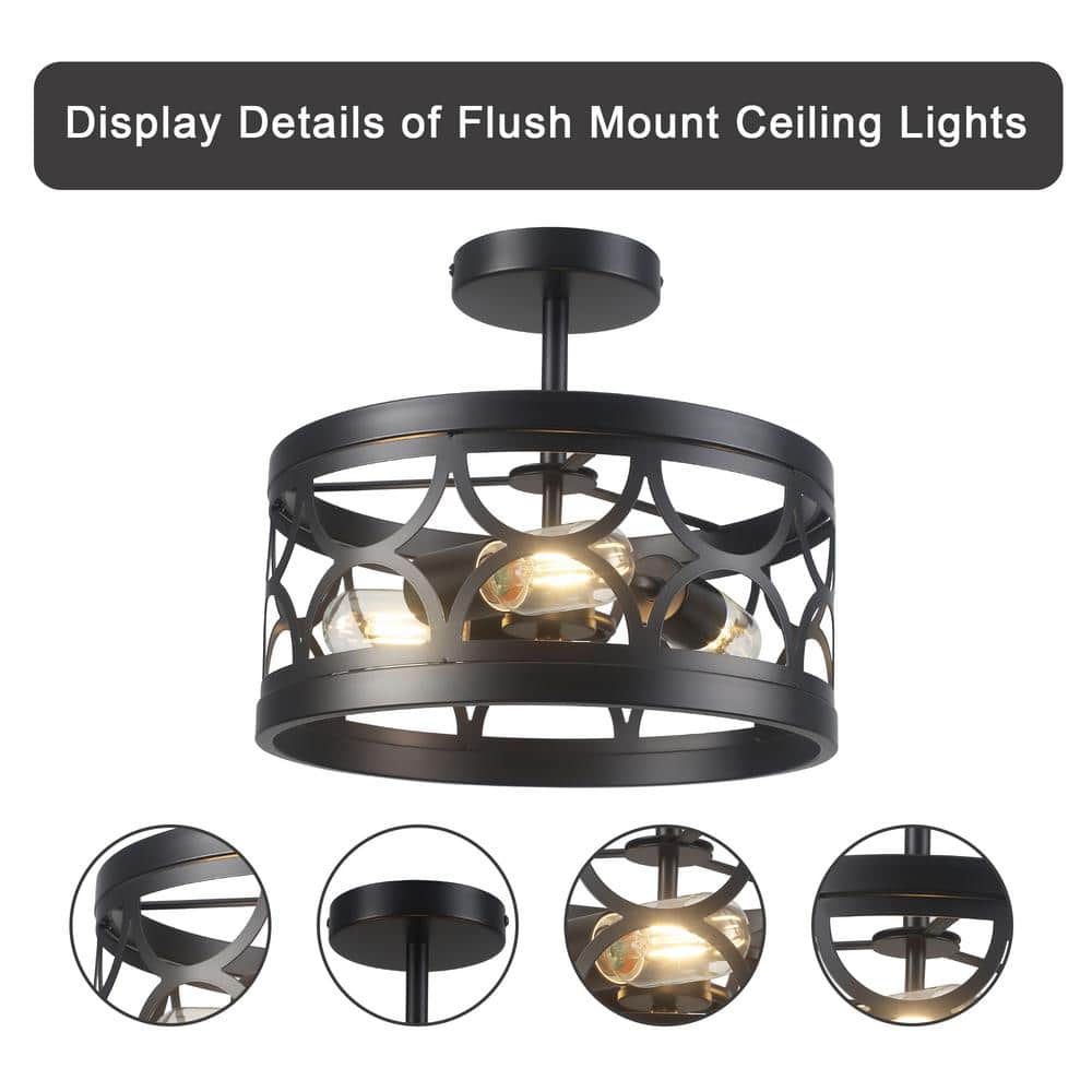 12.6 in. 3-Light Black Semi Flush Mount Ceiling Light Fixture With No Bulbs Included - Hercitys