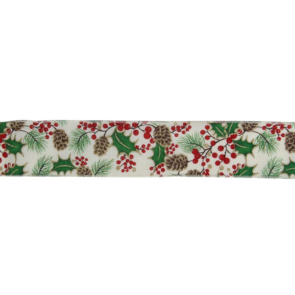 2.5 in. x 16 yds. Glitter Holly Berries and Pinecones Cream Wired Ribbon - Hercitys