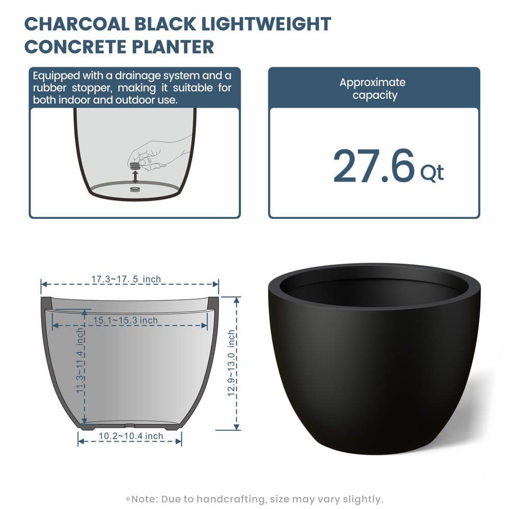 17.5 in. Large Charcoal Black Concrete Round Planter / Pot with Drainage Holes - Hercitys