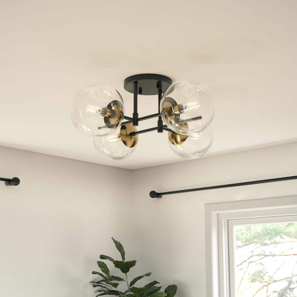 21.88 in. 4-Light Matte Black and Nouveau Gold Semi-Flush Mount with Clear Glass Shades - Hercitys