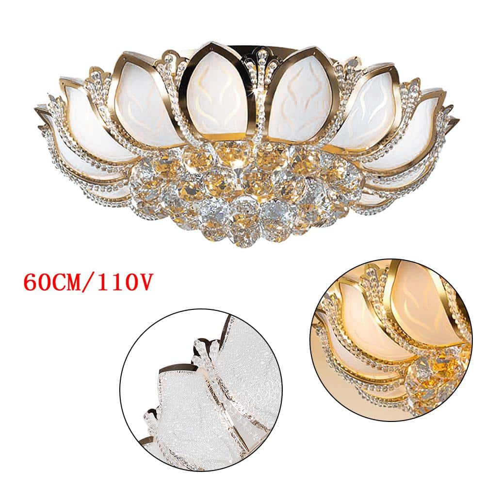 23.62 in. 7-Light Modern Gold Lotus Flower Shape Crystal Flush Mount Ceiling Lamp and No Bulbs Included - Hercitys