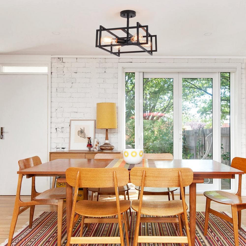 14.96 in. 4-Light Black Farmhouse Square Frame Semi-Flush Mount Ceiling Light Fixture with Metal Shade - Hercitys