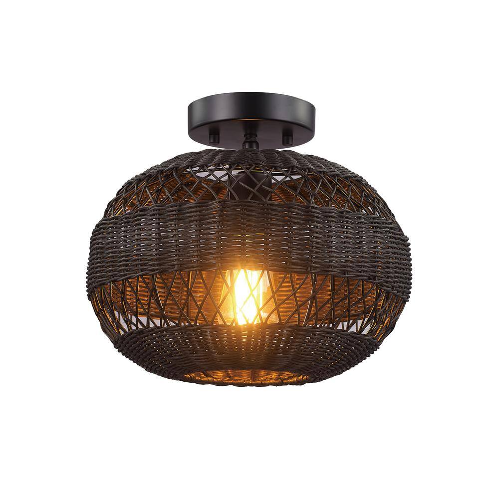 12 in. 1-Light Matte Black Farmhouse Semi-Flush Mount with Rattan Shade and No Bulbs Included - Hercitys