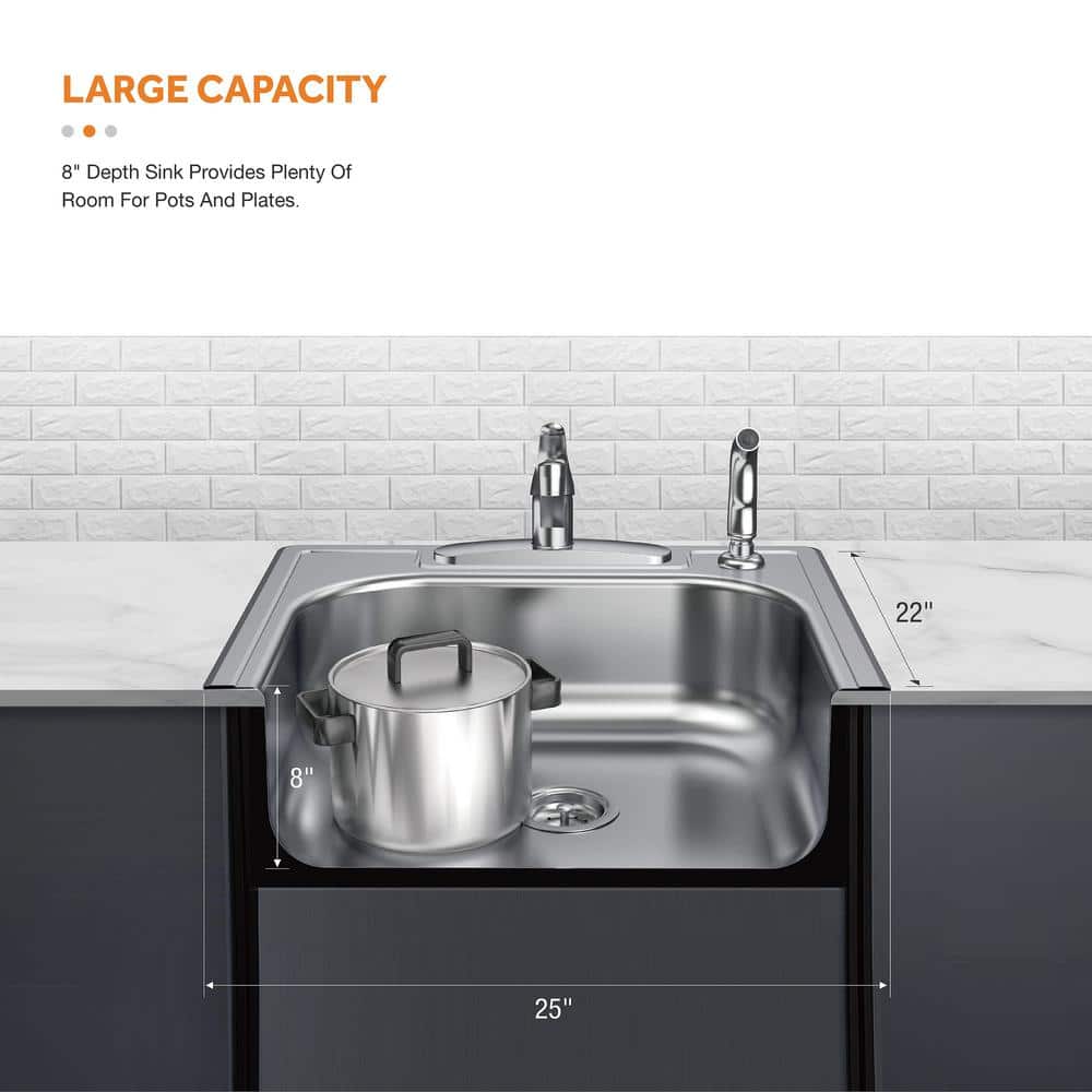 25 in. Drop in Single Bowl 20-Gauge Stainless Steel Kitchen Sink - Hercitys