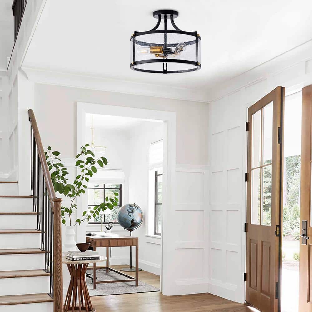 15.7 in. 3-Light Industrial Black Semi-Flush Mount Ceiling Light with Seeded Glass Shade - Hercitys