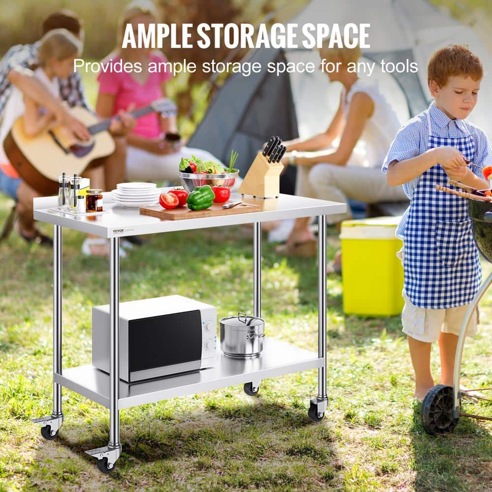 24 x 48 x 40 in. Stainless Steel Commercial Kitchen Prep Table with Casters Metal Table with Adjustable Height Silver - Hercitys