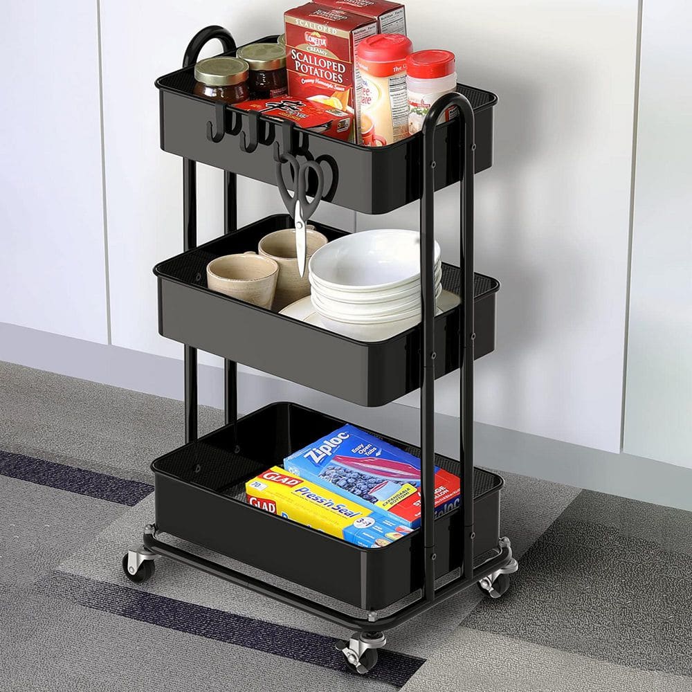 3-Tier Metal -Wheeled Utility Cart in Black - Hercitys