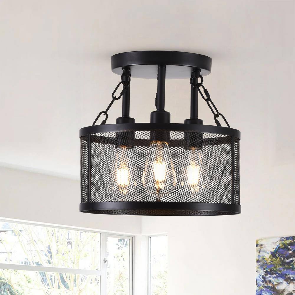 12.59 in. 3-Light Industrial Semi-Flush Mount Black Farmhouse Ceiling Light Fixtures with Metal Mesh Shade - Hercitys