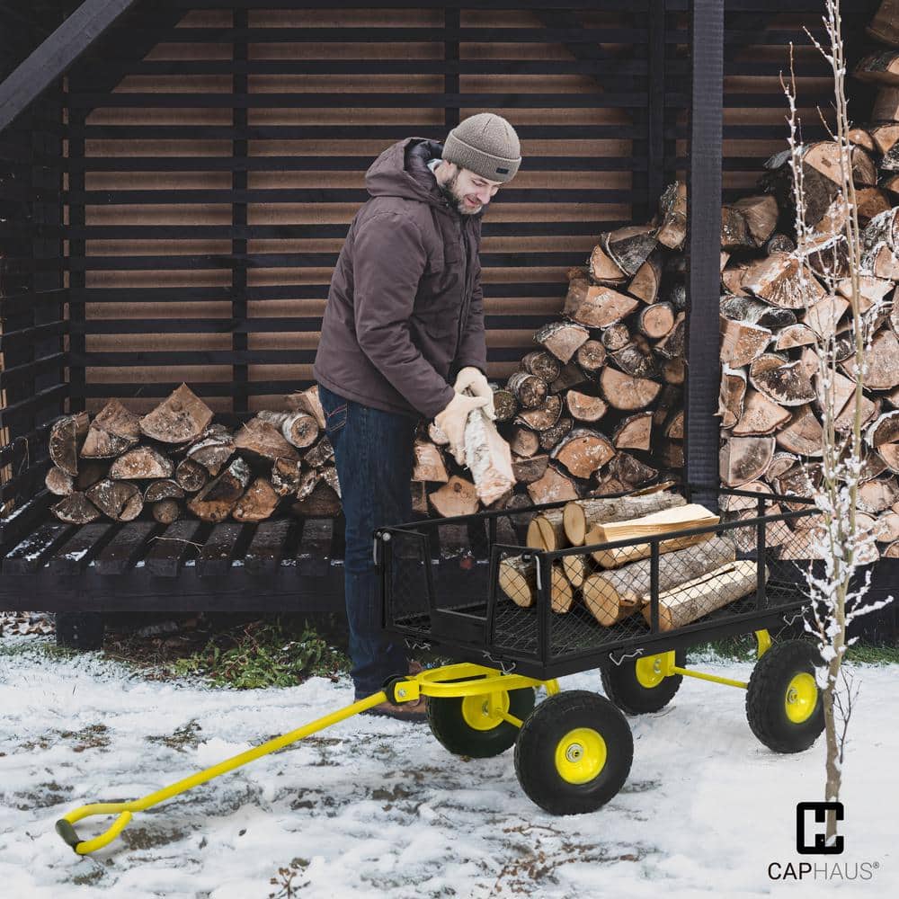 4 cu. ft. Metal Black Garden Cart, W/180° Adjustable Yellow Handle, W/Mat and Strap, Heavy-Duty 880 lbs. Capacity - Hercitys