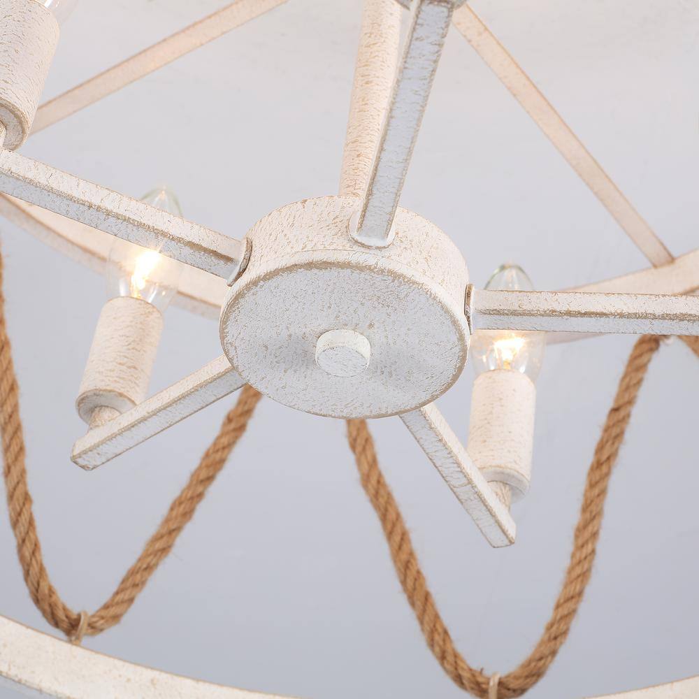 19.68 in. 5-Light White Drum Metal Hemp Rope Semi-Flush Mount Light，No Bulbs Included - Hercitys