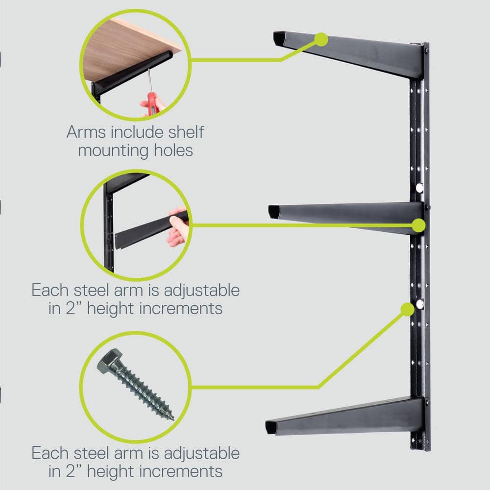 1.5 in. W 12 in. D x 21 in. H Black Heavy Duty Wall Rack, Holds 480 lbs., Adjustable 3-Tier Steel Garage Wall Shelf - Hercitys