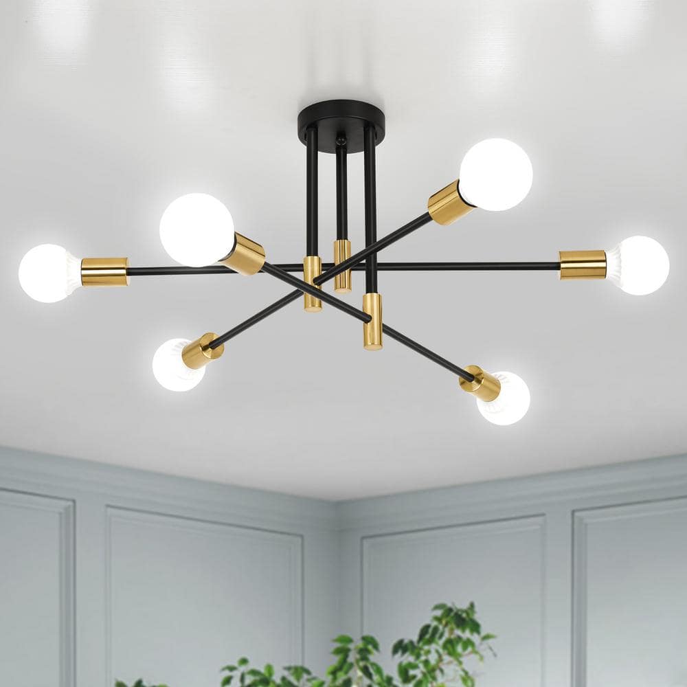 27.56 in. 6-Light Black/Brass Dimmable Sputnik Chandelier Modern Linear Semi Flush Mount Ceiling Light for Living Room - Hercitys