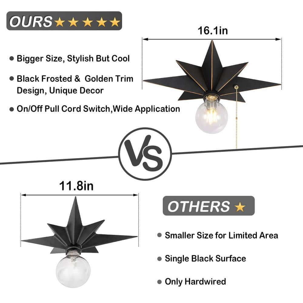 16 in. Black LED Flush Mount Ceiling Star Light with Pull Chain, Farmhouse Lighting for Hallway Entryway Porch - Hercitys