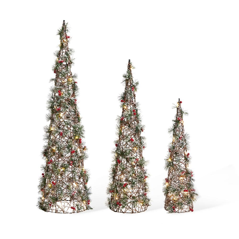 39.25 in. H Lighted Christmas Plastic Cone Tree with 75 Warm White LED Lights (set of 3) - Hercitys