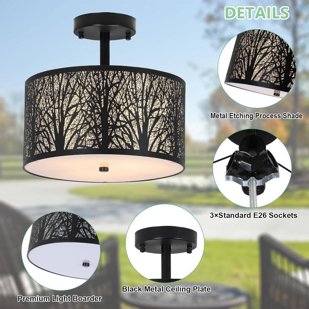 11.8 in. 3-Light Black Drum Light Semi Flush Mount with Etched Pattern Shade - Hercitys