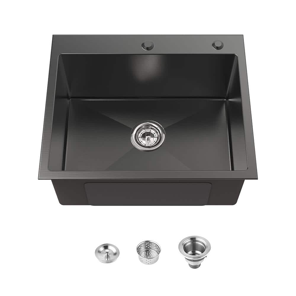 23 in. Drop-In Single Bowl 20-Gauge Black Stainless Steel Workstation Kitchen Sink with US Standard Drain and Hook - Hercitys
