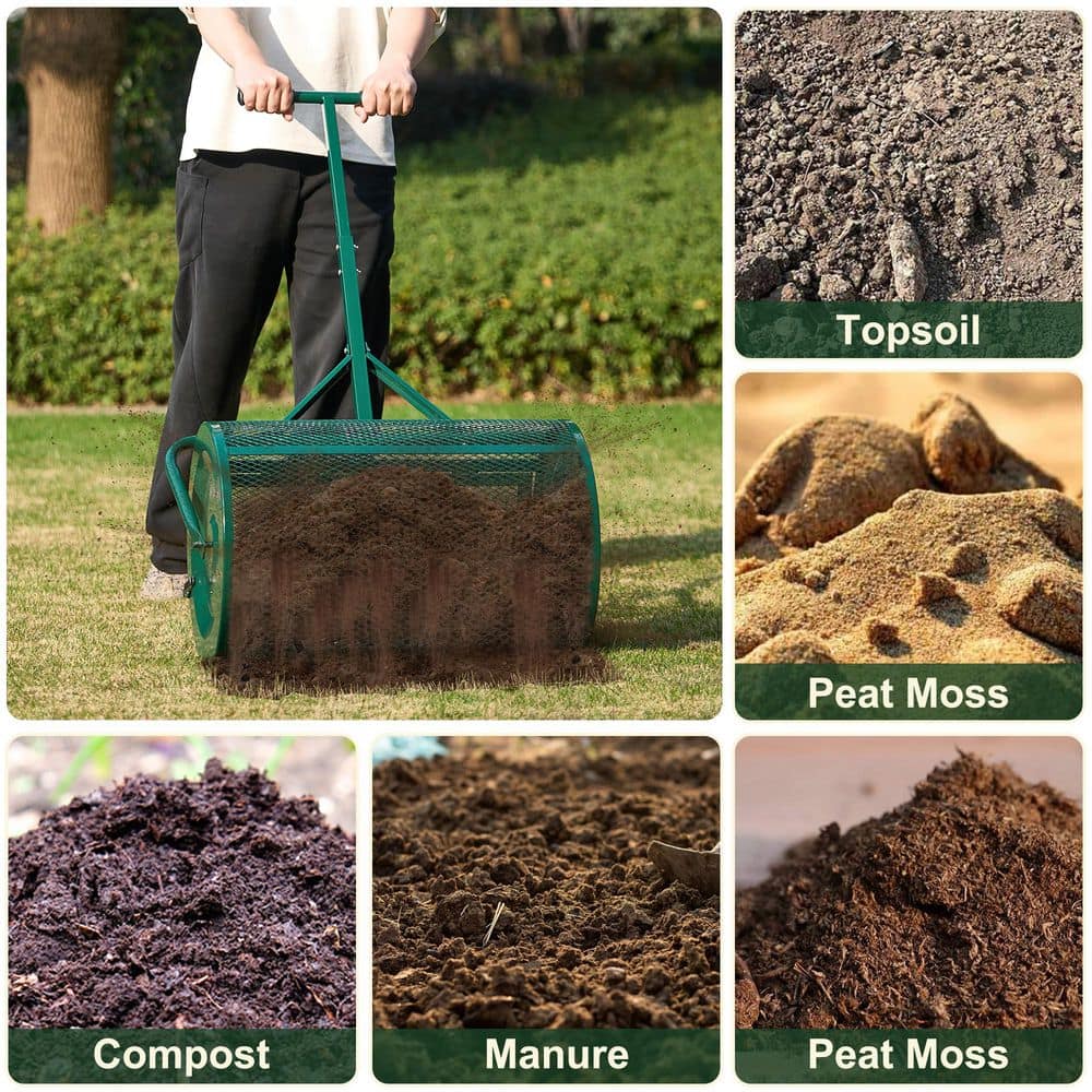 24 in. Compost Peat Moss Spreader, Heavy-Duty Metal Mesh Spreader with Adjustable Handle, Green - Hercitys