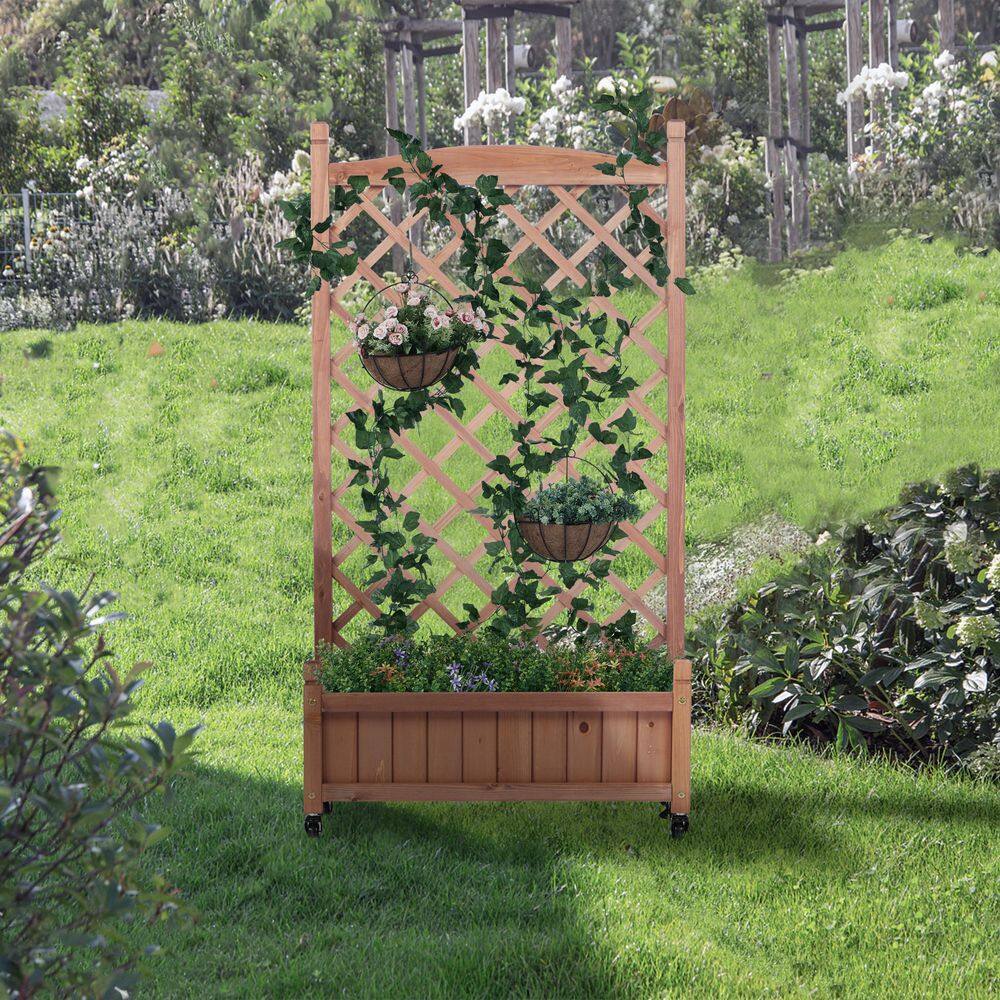 25 in. x 11 in. x 42.3 in. Raised Bed with Trellis (2 Pack) Wood Planter Box and Plant Stand with Climbing Racks, Brown - Hercitys