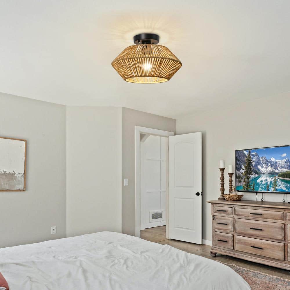 12.79 in. 1-Light Bohemian Black Canopy Rattan Semi Flush Mount Ceiling Light for Dining Room Kitchen Island Bedroom - Hercitys