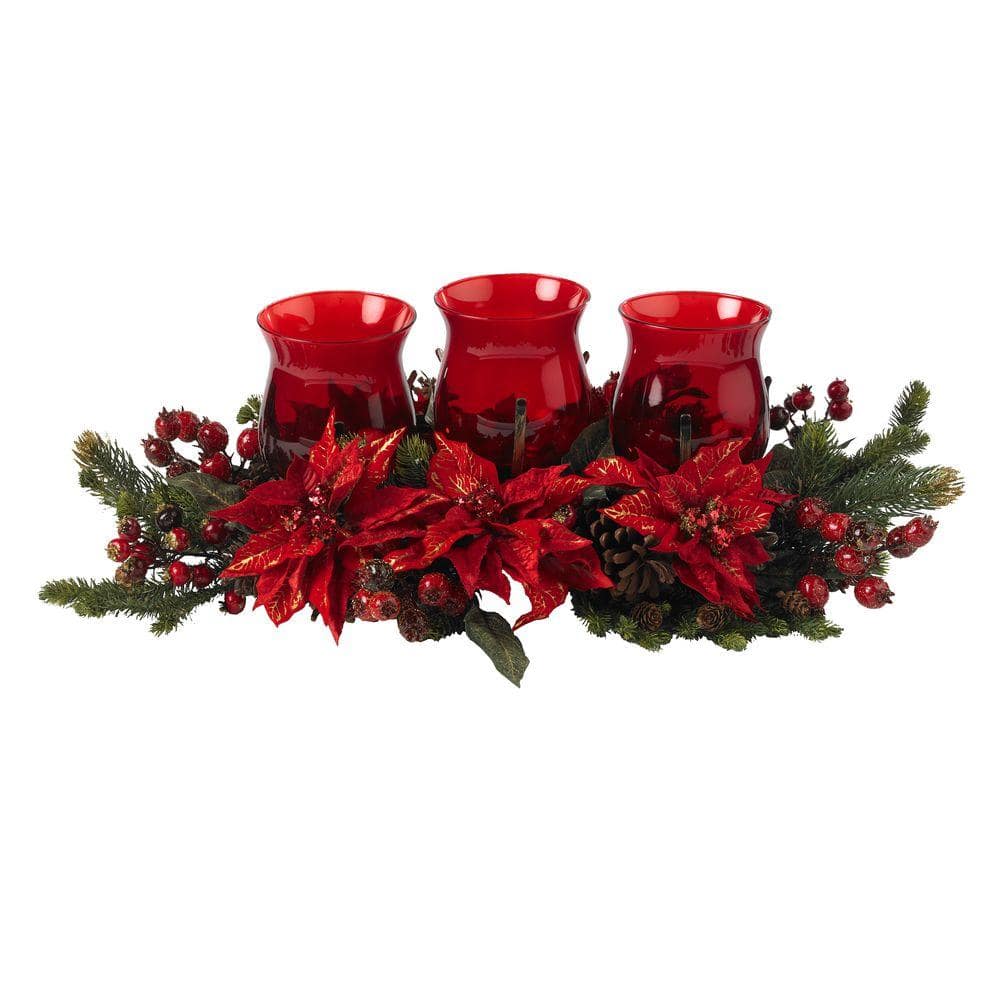 30 in. Artificial Poinsettia and Berry Triple Candleabrum - Hercitys