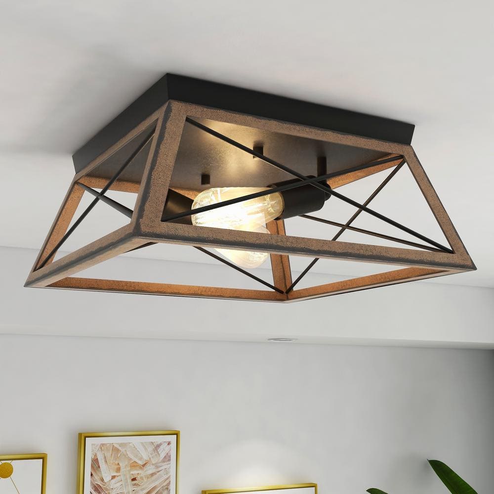 2-Light Farmhouse Barnwood and Matte Black Flush Mount Ceiling Light - Hercitys