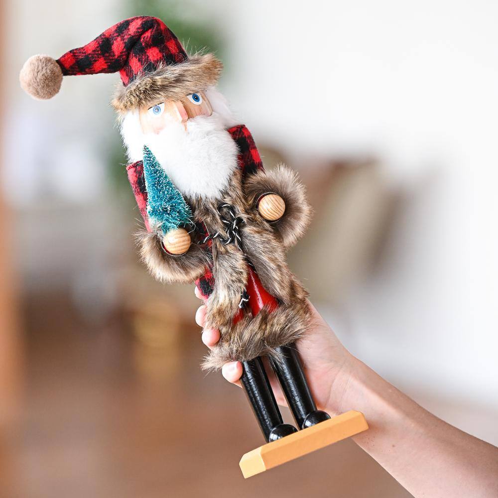 15 in. Wooden Nostalgic Santa Nutcracker-Red and Black Nutcracker with Plaid Coat and Brown Fur Holding a Xmas Tree - Hercitys
