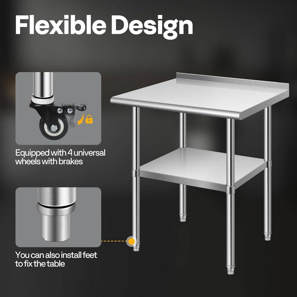 24 x 18 in. Stainless Steel Kitchen Utility Table with Backsplash and Wheels - Hercitys