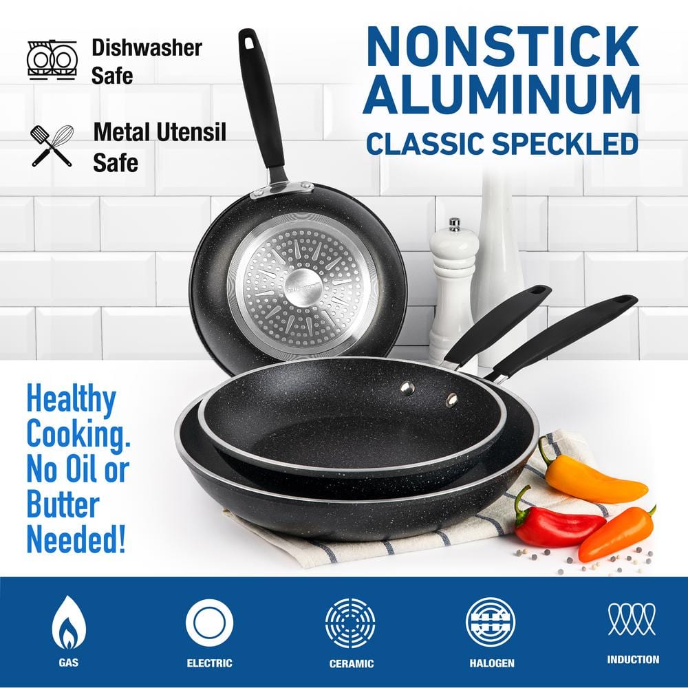 3-Piece Aluminum Nonstick Mineral and Diamond Triple Coated Frying Pan Set in Black (8 in., 10 in. and 12 in.) - Hercitys