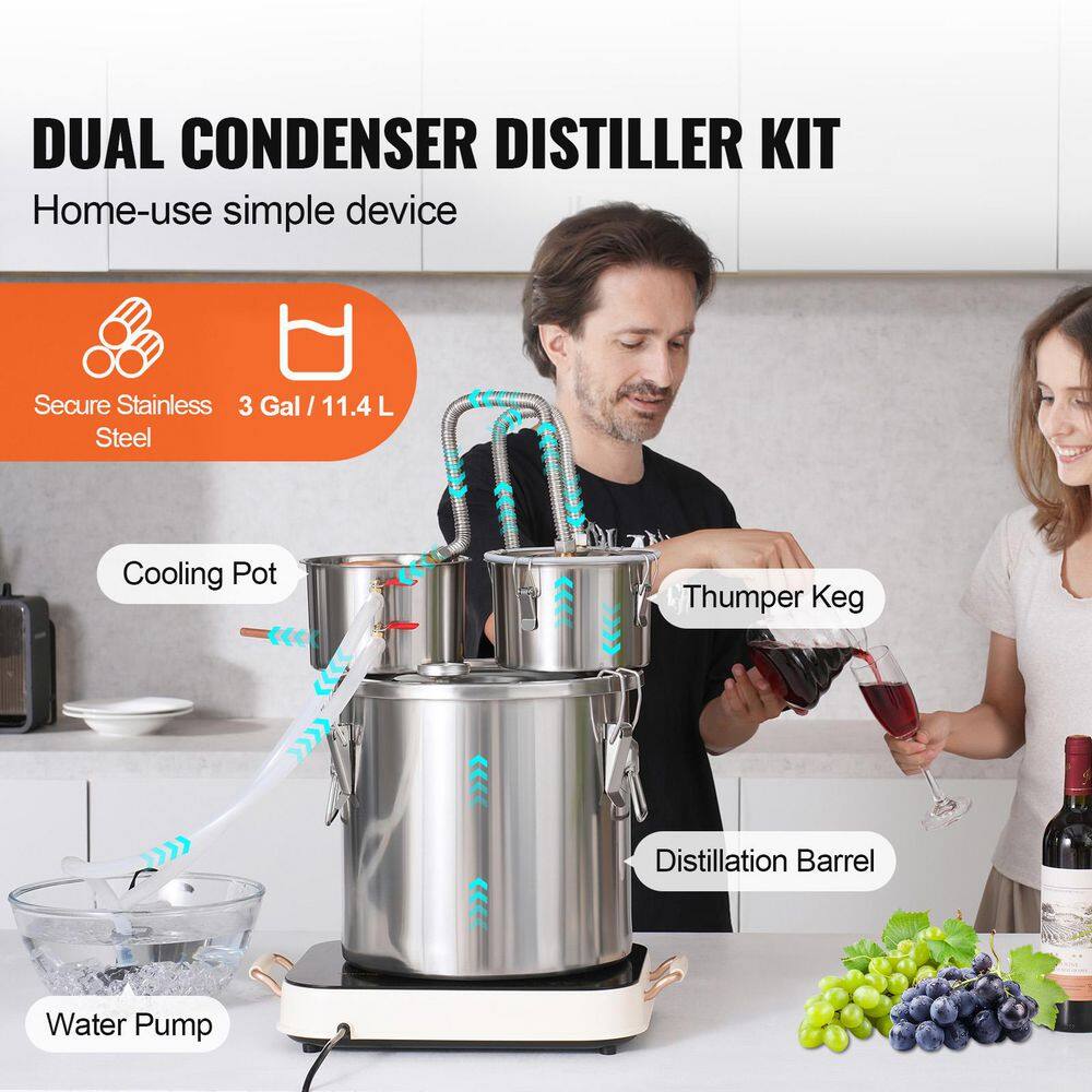 3 Gal./11.4L Alcohol Still, Stainless Steel Water Alcohol Distiller with Copper Coil+Dual Condenser Kit for Wine, Whisky - Hercitys