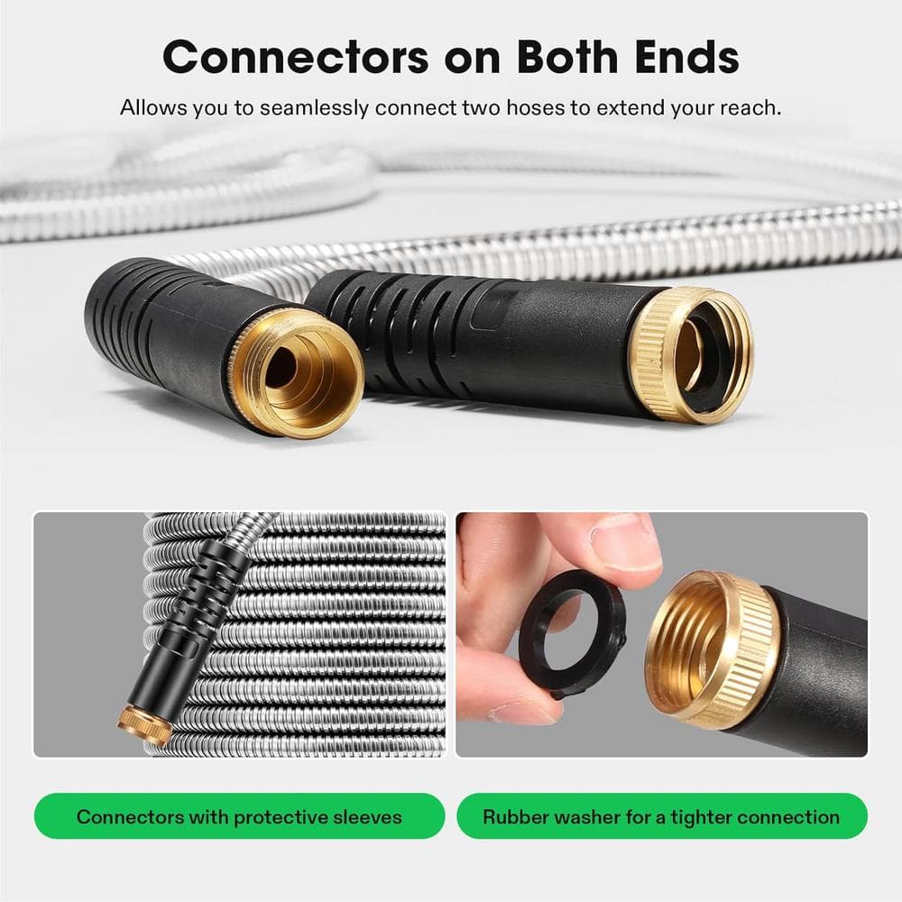 5/8 in. Dia. x 100 ft. Stainless Steel Water Hose with Brass Fittings and 10 Function Nozzle - Hercitys
