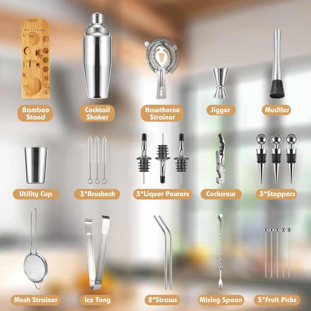 26-Piece Silver Stainless Steel Bar Tool Set, Cocktail Shaker Jigger Mudller Utility Cup Included - Hercitys