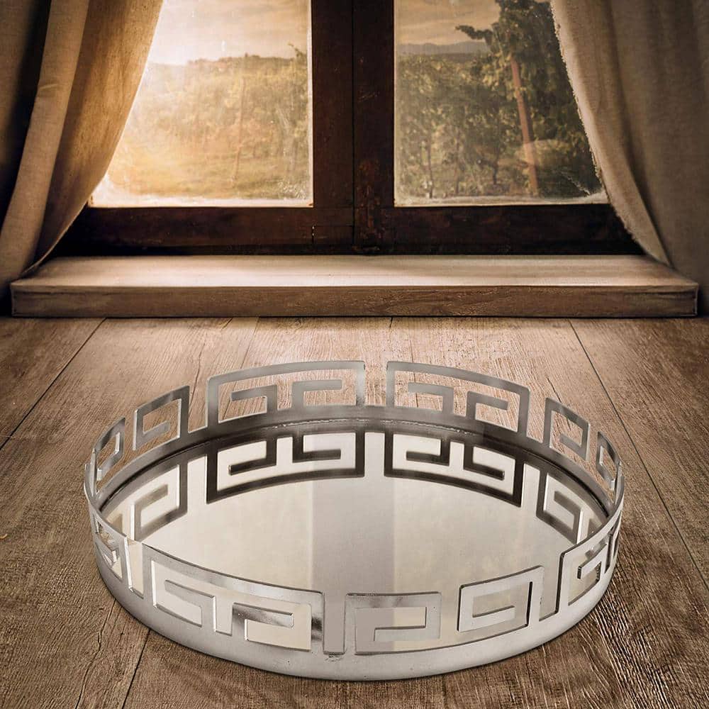 15 in. x 3 in. x 15 in. Electroplated Silver Metal and Glass Round Serving Tray - Hercitys