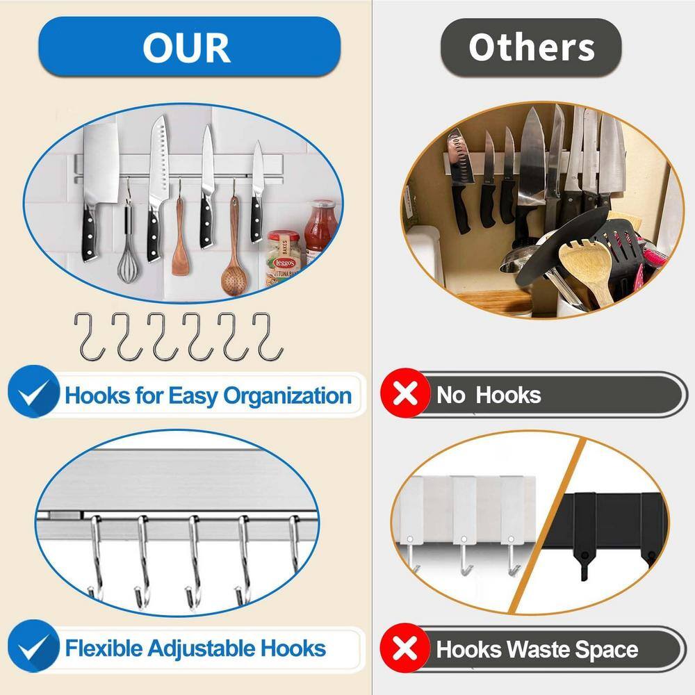 5-Knife 17 in. 304 Stainless Steel Magnetic Knife Strip, Magnetic Knife Bar with 12 Hooks and 3 Mounting Options - Hercitys
