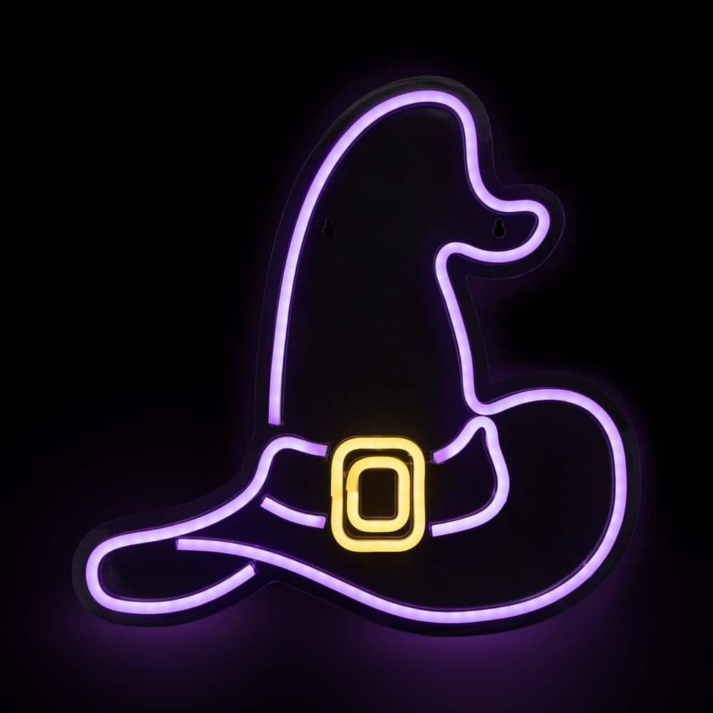 15 in. Purple LED Lighted Neon Style Witch Hat Halloween Window Silhouette - Hercitys