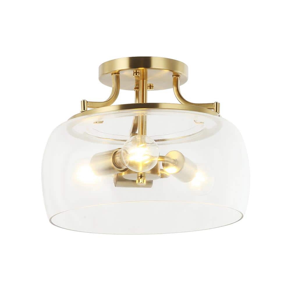 13 in. 3-Light Brass Gold Semi-Flush Mount Ceiling Light Fixture with Clear Glass Shade - Hercitys