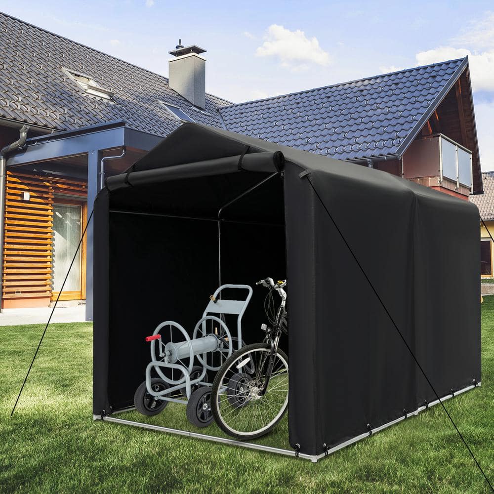 5.2 ft. W x 7.1 ft. D x 4.1 ft. H Black Metal Bicycle Motorcycle Carport Outdoor Storage Shed - Hercitys