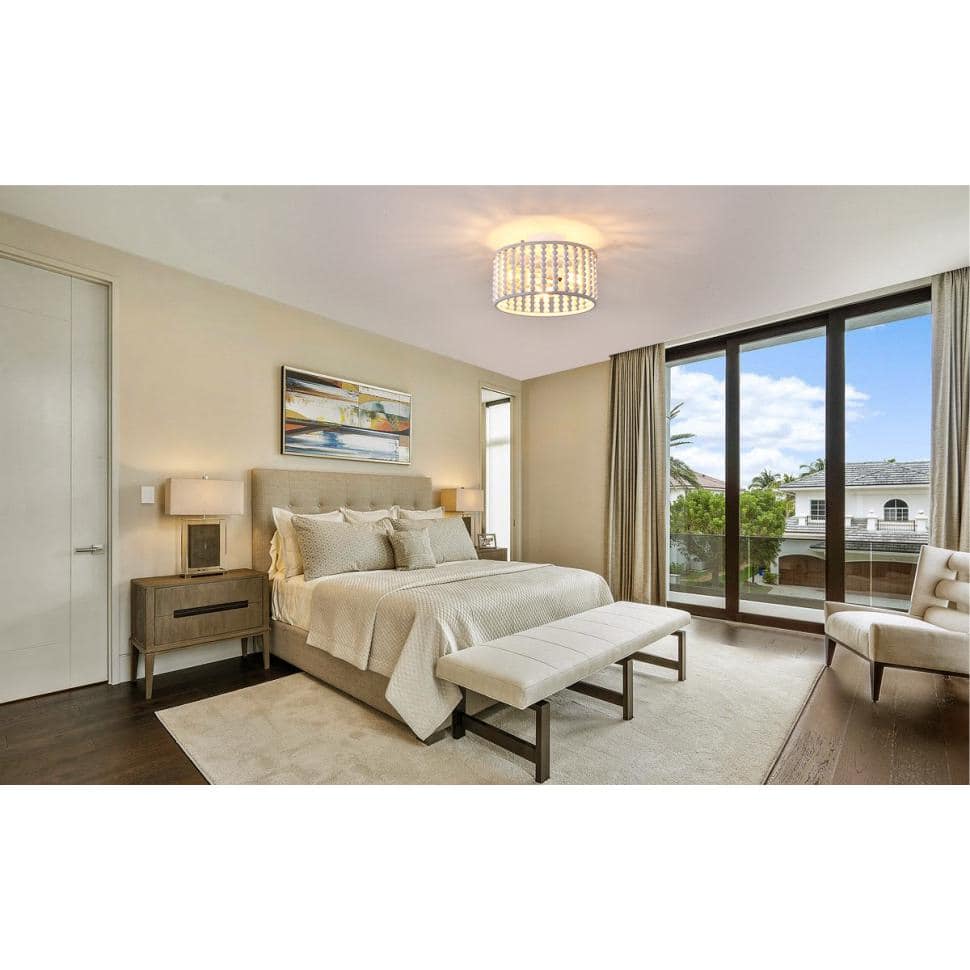 12.8 in. 3-Light White Semi Flush Mount Round Ceiling Light Fixture with Wood Bead and No Bulbs Included - Hercitys